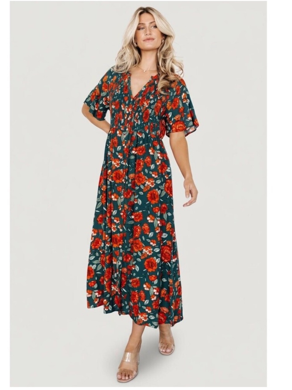 Baltic Born Botega Midi Dress XL Jade Green Orange Floral Smocked Cottagecore